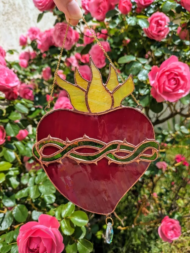 Ex-voto coeur en vitrail | grand format, verre opalescent, fait main – Image 2