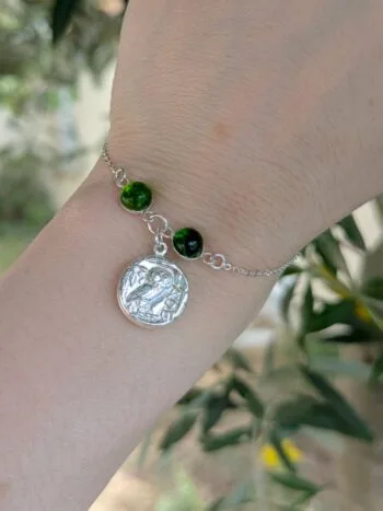 bracelet pièce de monnaie - drachme athénienne cabochon vert